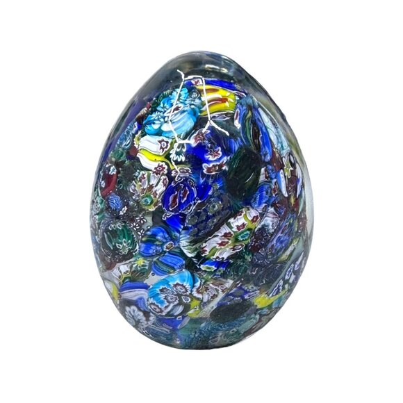 Vintage Blown Italy T Rossi Murano Art Studio Glass Egg Millefiori Paperweight